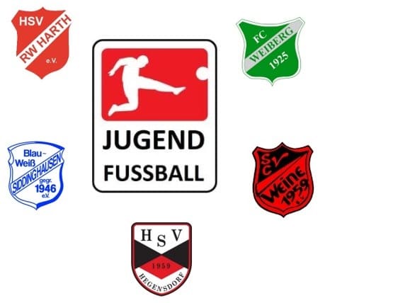 Logo Jugendfußball mit den Wappen von HSV RW Harth, FC Weiberg, Blau-Weiß Siddinghausen, SVC Weine und HSV Hegensdorf